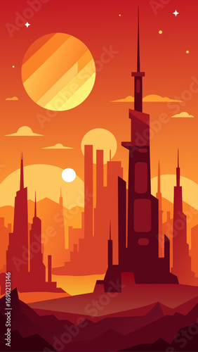 Cityscape on mars with planets and stars