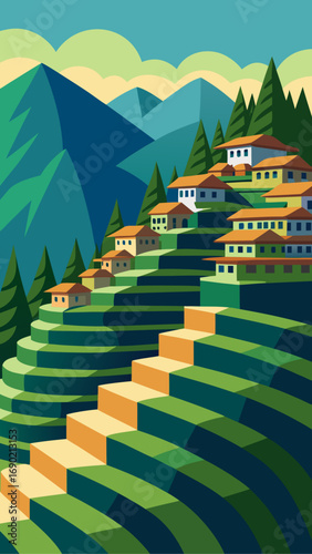 Houses on terraced hillside with mountains