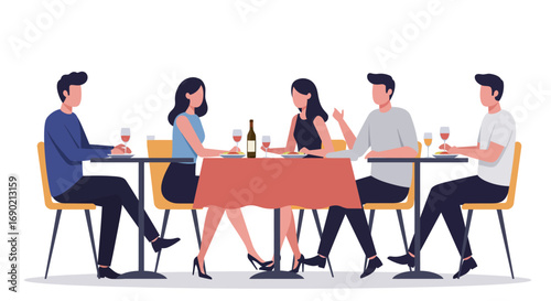Friends enjoy a sophisticated dinner together at a restaurant, engaging in conversation and sharing a meal.