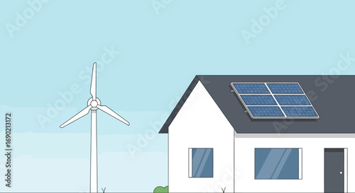 Embracing a sustainable future with a modern home powered by renewable energy, showcasing solar panels on the roof and a nearby wind turbine