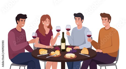 Four friends enjoying a delightful evening of wine and cheese tasting.