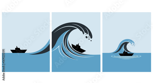 Illustrative Triptych Depicting a Ship Navigating Through Increasingly Large Waves, Symbolizing Challenges and Resilience