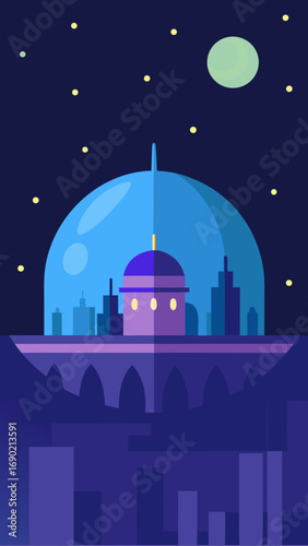 Cityscape under a dome at night with moon