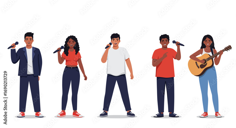 Obraz premium A diverse group of young men and women singing into microphones and playing an acoustic guitar.