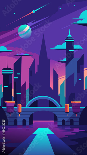 Futuristic city with planet and comet view