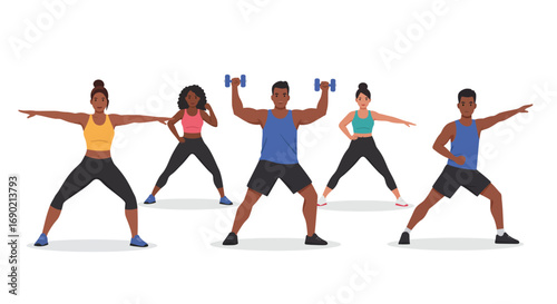 A diverse group of five people in activewear participating in a fitness class, lifting weights and stretching together.