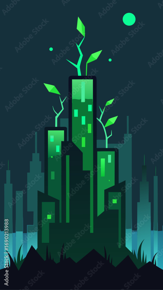 Fototapeta premium Green city buildings with plant growth top
