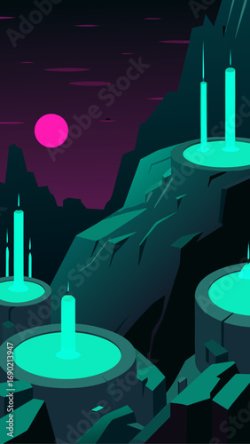 Illustration of glowing pillars on platforms