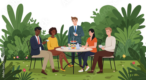 Diverse group enjoying afternoon tea served by a waiter in a lush garden setting.