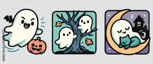 Cute halloween ghosts icons set with pumpkin moon haunted house and tree decorations
