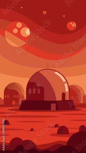 Martian landscape with domes and planets