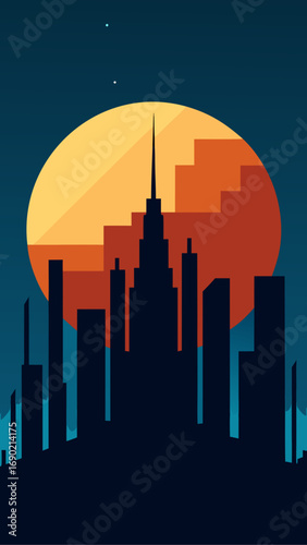 Cityscape silhouette against a sunset sky