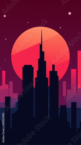 Silhouette city with a sunset background