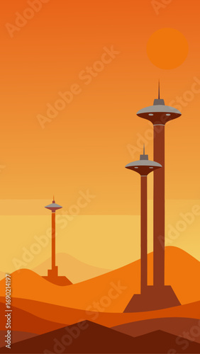 Three towers on a desert planet landscape