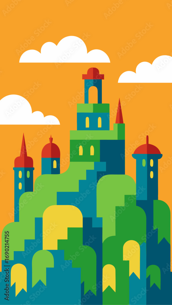 Obraz premium Colorful castle on a hill with clouds above