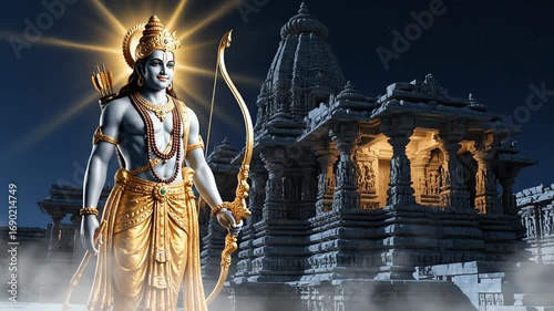 Celebrating the victory of good over evil on Happy Dussehra with a divine illustration of Lord Rama at a sacred Hindu temple