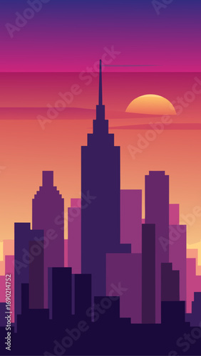Silhouette city skyline at sunset scene