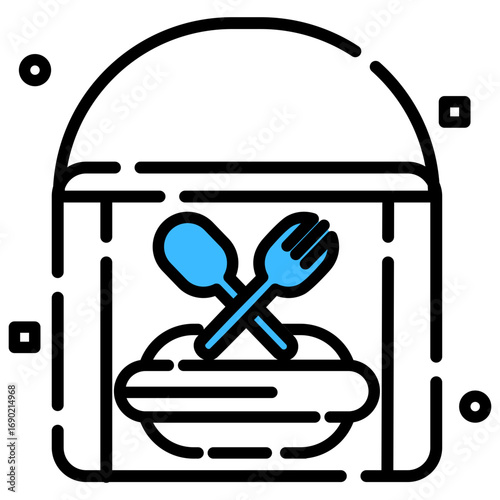 icon of a takeaway lunch box with a fork and spoon, representing prepared meals and food delivery services