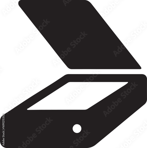 Black silhouette of an open flatbed scanner icon