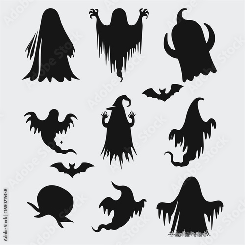 Spooky ghost and bat silhouettes collection for halloween decorations and designs