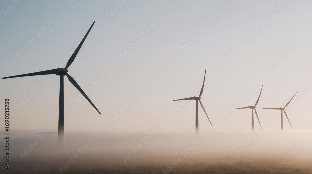 Fototapeta premium Wind turbines standing tall in the misty landscape during early morning light at a renewable energy farm in the countryside