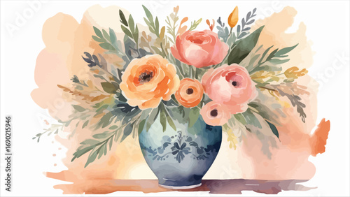Beautiful watercolor floral arrangement in a blue vase soft peach background