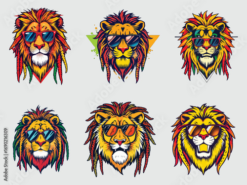 Cool lion faces with sunglasses and colorful manes graphic art 6 pack