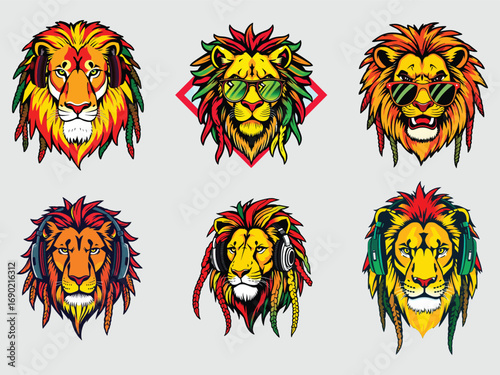 Six colorful lion head designs featuring vibrant manes and fierce expressions on a neutral backdrop