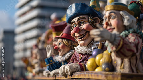 Colorful carnival float with clown figures and costumes entertaining visitors during Cologne Carnival celebration in Germany with tradition, fun, and joy