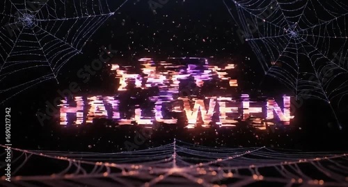 Happy Halloween Text Animation with Glittering Glow and Spiderwebs Video Background