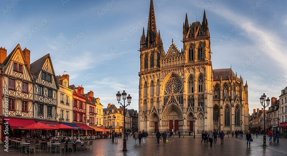 Fototapeta premium Historic French Town Square with Cathedral and Cafes.