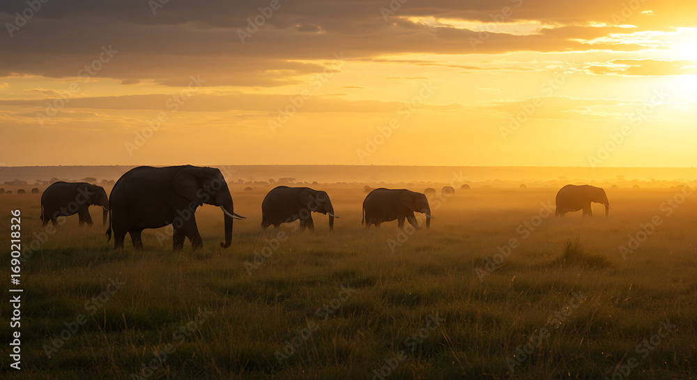 Fototapeta premium African Elephants Silhouetted Against A Golden Sunrise In The Savannah