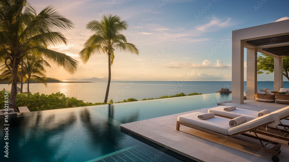 Fototapeta premium A breathtaking view from an infinity pool at a luxury villa, showcasing loungers, palm trees, and sunbathers against the backdrop of the sea during the golden hour.