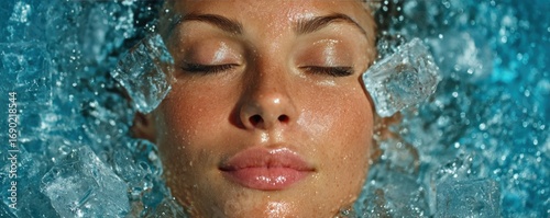 A serene woman's face submerged in cool water surrounded by ice cubes, closed eyes, calm