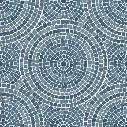 Seamless pattern blue Circular Mosaic. Decorative Antique Stone Ornament.