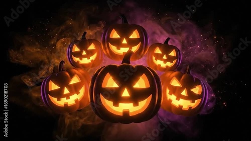 Five Glowing Jack O Lantern Pumpkins in Swirling Purple Smoke - Halloween Video Background