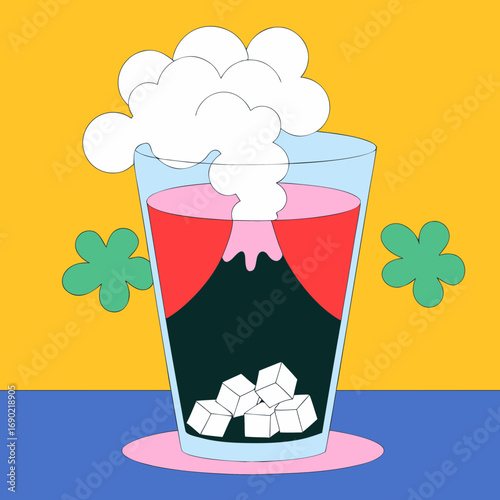 Vector art of a whimsical illustration of a volcano drink, featuring a glass filled with a bubbling concoction and sugar cubes at the bottom