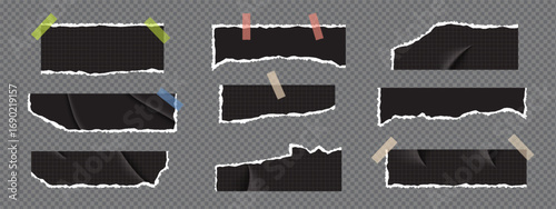 Black torn notebook paper with rough edges and sticky tape. Realistic ripped fragments for abstract banner, label, or office document background.
