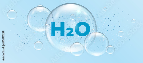 H2O water molecule in blue for scientific design with bubbles and transparency. Clean cosmetic design for purity and freshness. Vector Illustration.