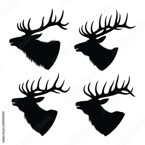 elk head silhouette collection set. deer, moose. animal, horn, jungle, hunting concept. for print, poster, sticker, and other designs. monochrome vector.