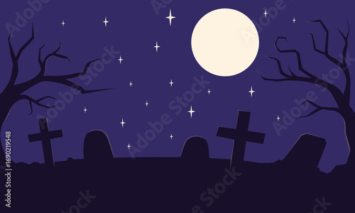 Simple Halloween background with moon and stones on purple night sky