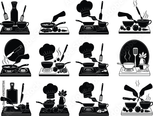 Cooking vector icons, kitchen tools, frying pan, chef hat, spatula, vegetables, stove, black and white culinary illustration set