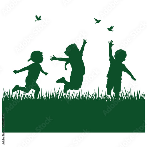 Children silhouettes jumping, playing in grass field, happy kids outdoors, joy, fun, nature, summer activity, childhood, freedom, flat vector illustration, Trying to catch Birds
