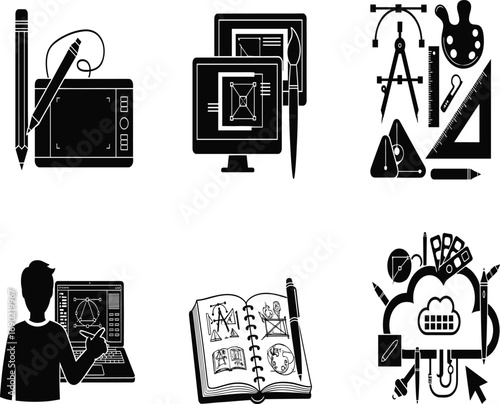 Digital design icons, creative tools, 3D modeling, sketchbook planning, cloud-based art, vector illustration, CAD interface, stylus tablet, concept development, graphic workflow