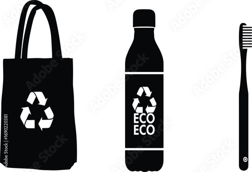 Eco-friendly icons, reusable products, sustainable lifestyle, recycling symbol, tote bag silhouette, eco bottle, bamboo toothbrush, zero waste design, green living, environmental care