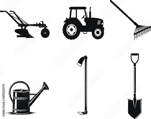 Farming and gardening vector icons, black silhouette tools, plow, tractor, rake, shovel, watering can, outdoor equipment illustration set