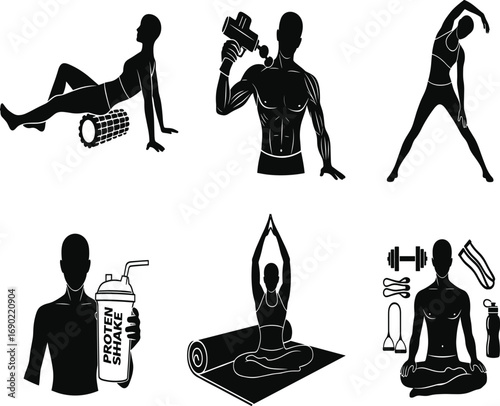 Fitness, wellness, silhouette, foam roller, massage gun, stretching, yoga, meditation, protein shake, recovery, vector, minimal, modern, healthy, lifestyle, black and white, 