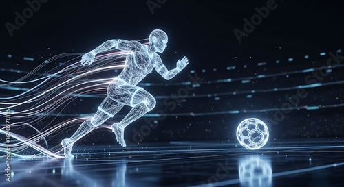 Futuristic wireframe athlete running with a glowing soccer ball on a
