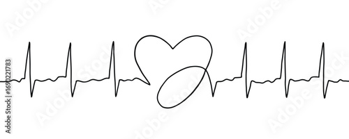 Heartbeat line with heart symbol one line drawing. Pulse trace.
