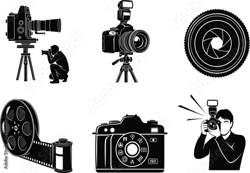 Photography, film, silhouette, camera, tripod, lens, aperture, vintage, flash, reel, vector, minimal, modern, black and white, illustration, equipment, photographer, cinematic, creative, gear